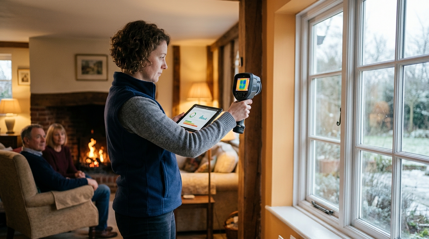 Conseiller réalisant un audit énergétique avec une tablette