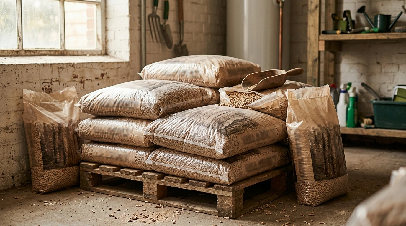 Sacs de granulés de bois stockés