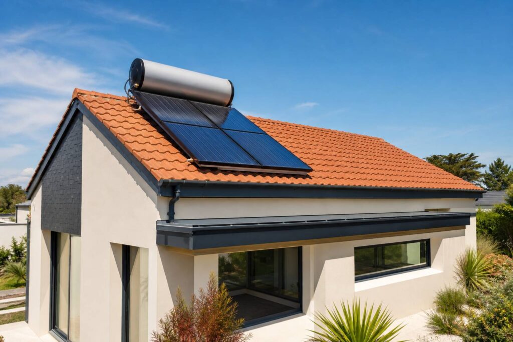 Panneaux solaires thermiques installés sur toiture pour chauffe-eau solaire