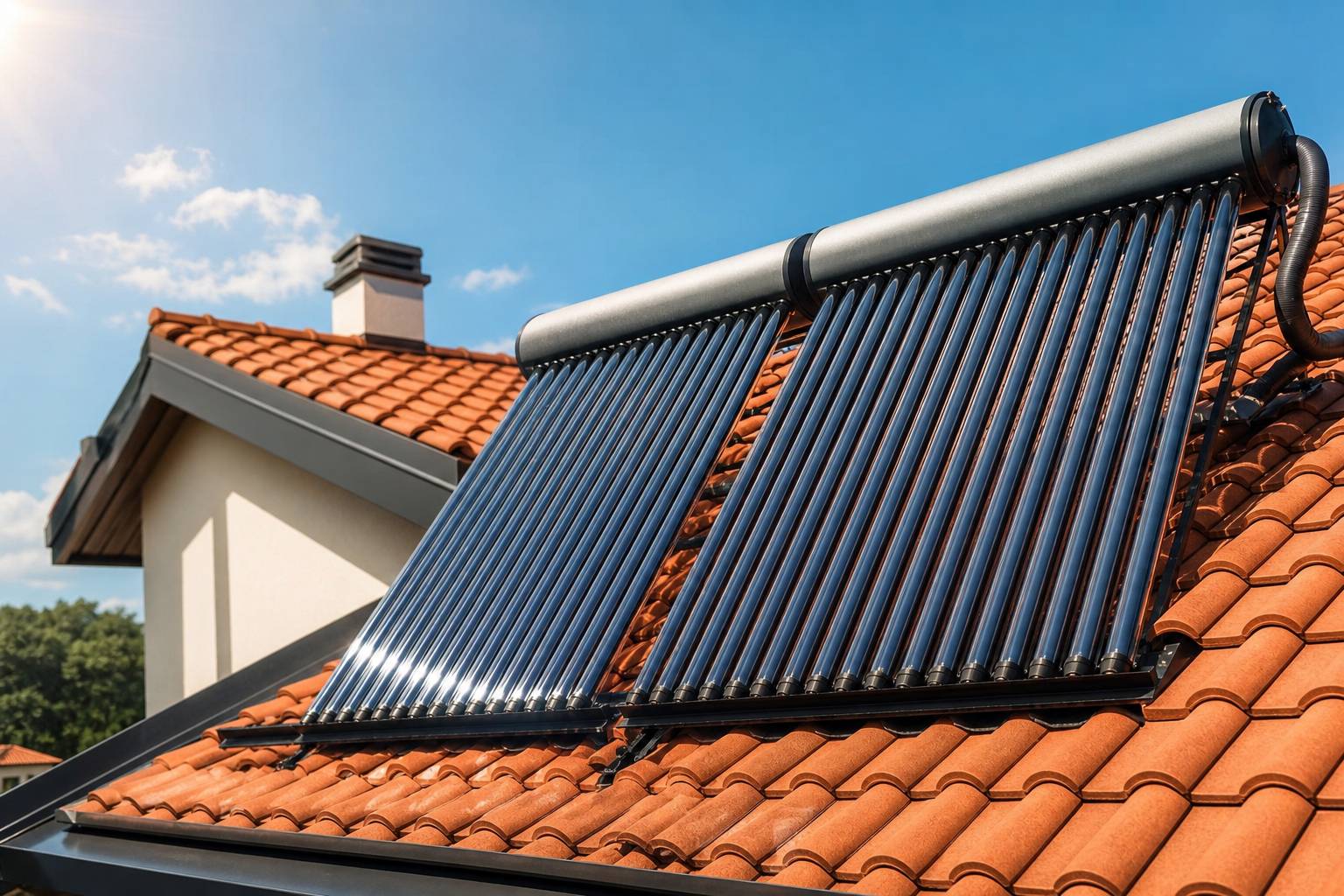 Capteurs solaires thermiques sur toit en tuiles avec ciel lumineux