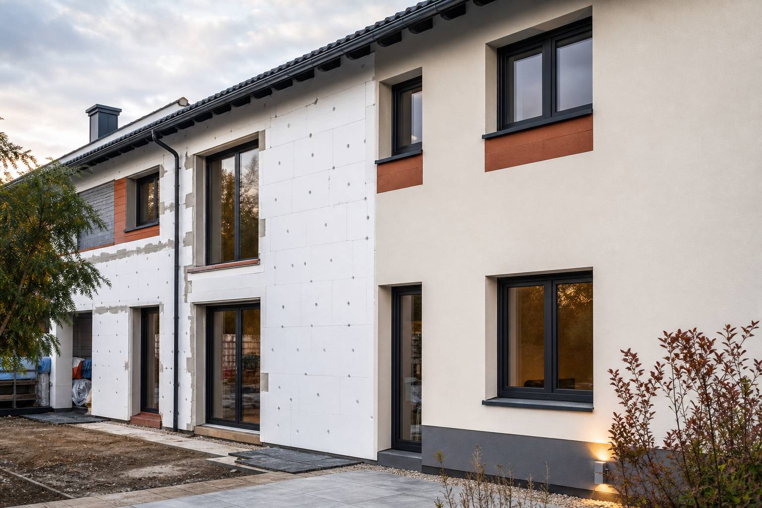 Panneaux d'isolation thermique posés sur façade avec finition crépi