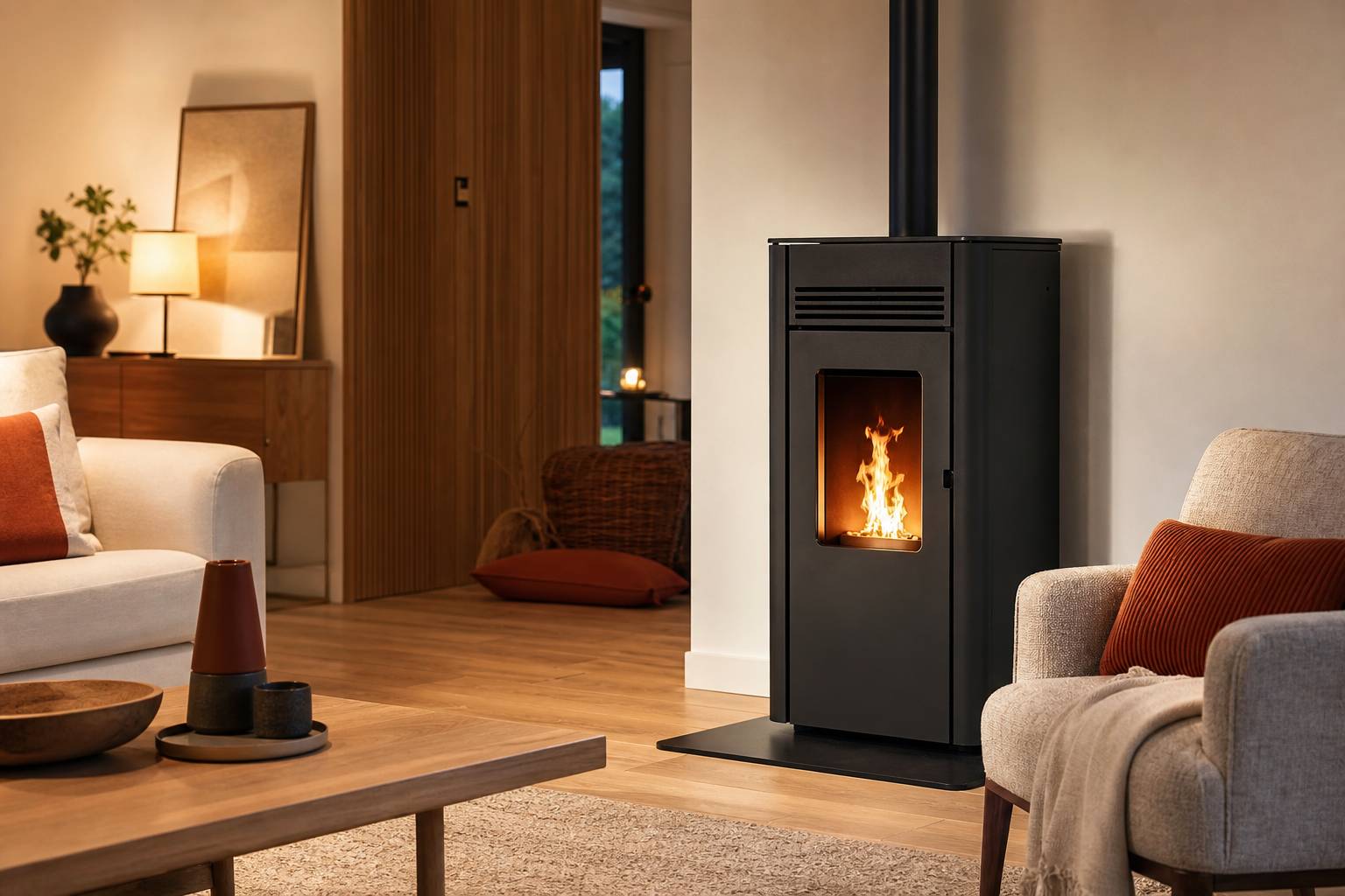 Poêle à granulés en fonctionnement avec flammes visibles à travers la vitre