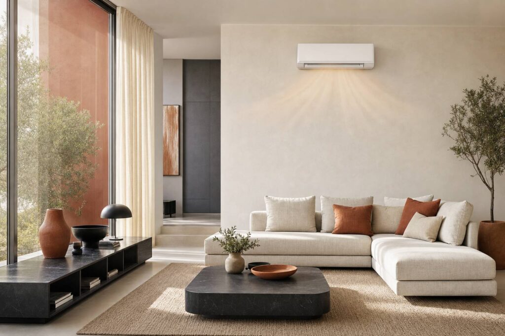 Unité intérieure design de pompe à chaleur air-air dans salon lumineux
