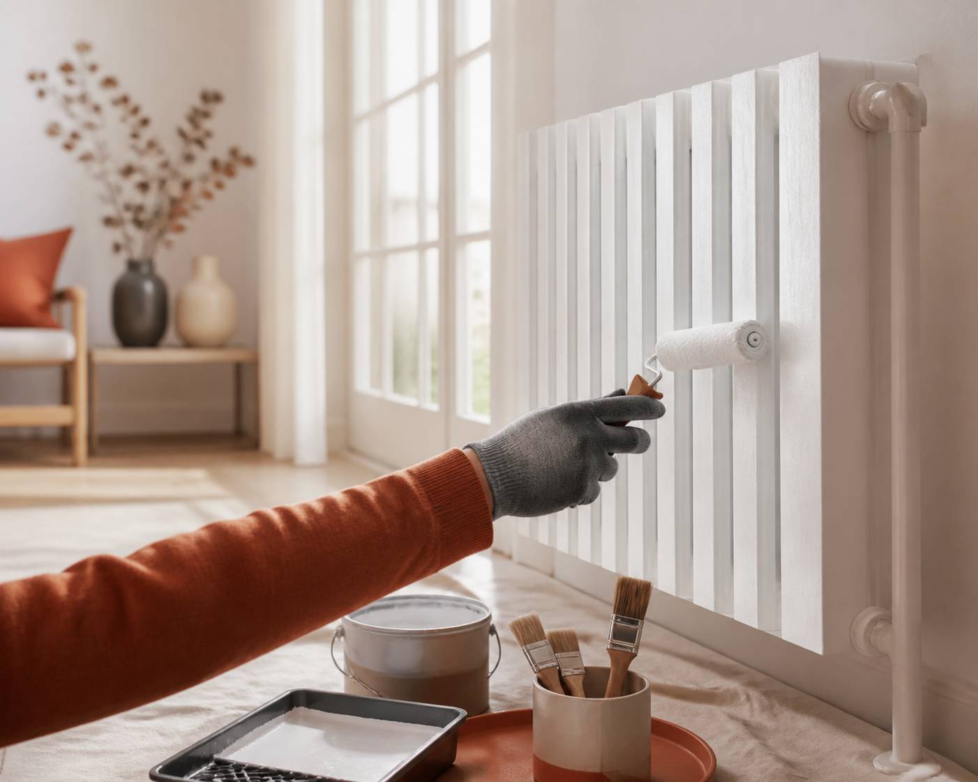 Main gantée appliquant de la peinture thermique sur un radiateur en acier avec un petit rouleau