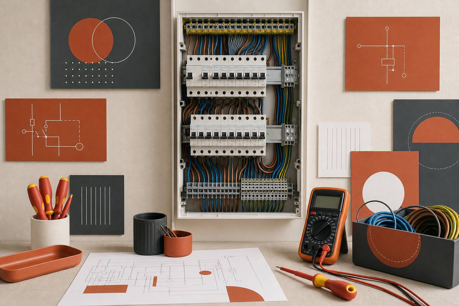 Atelier d'électricien avec fils de couleurs et multimètre