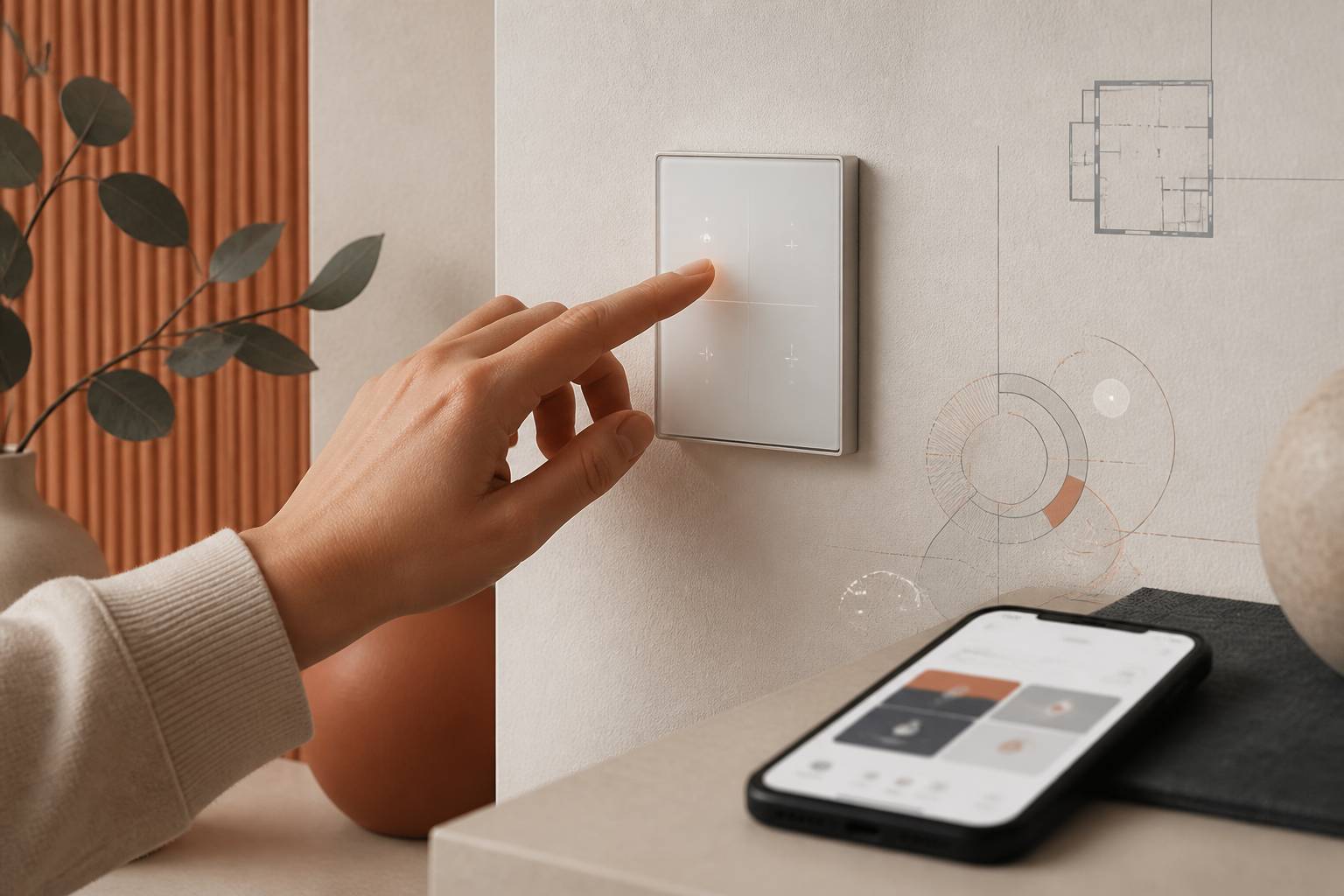 Main touchant un interrupteur tactile avec téléphone à côté