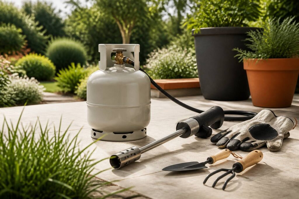 Bouteille de gaz et désherbeur thermique dans un jardin