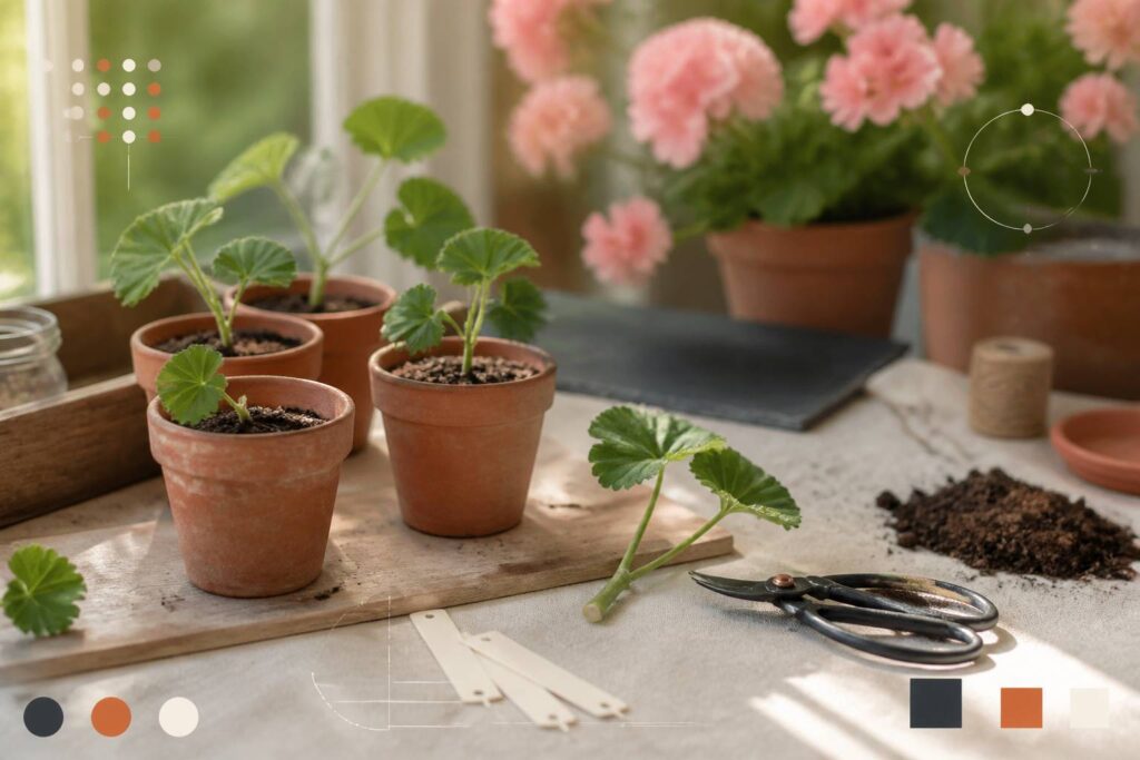 Boutures de géranium dans des pots en terre cuite