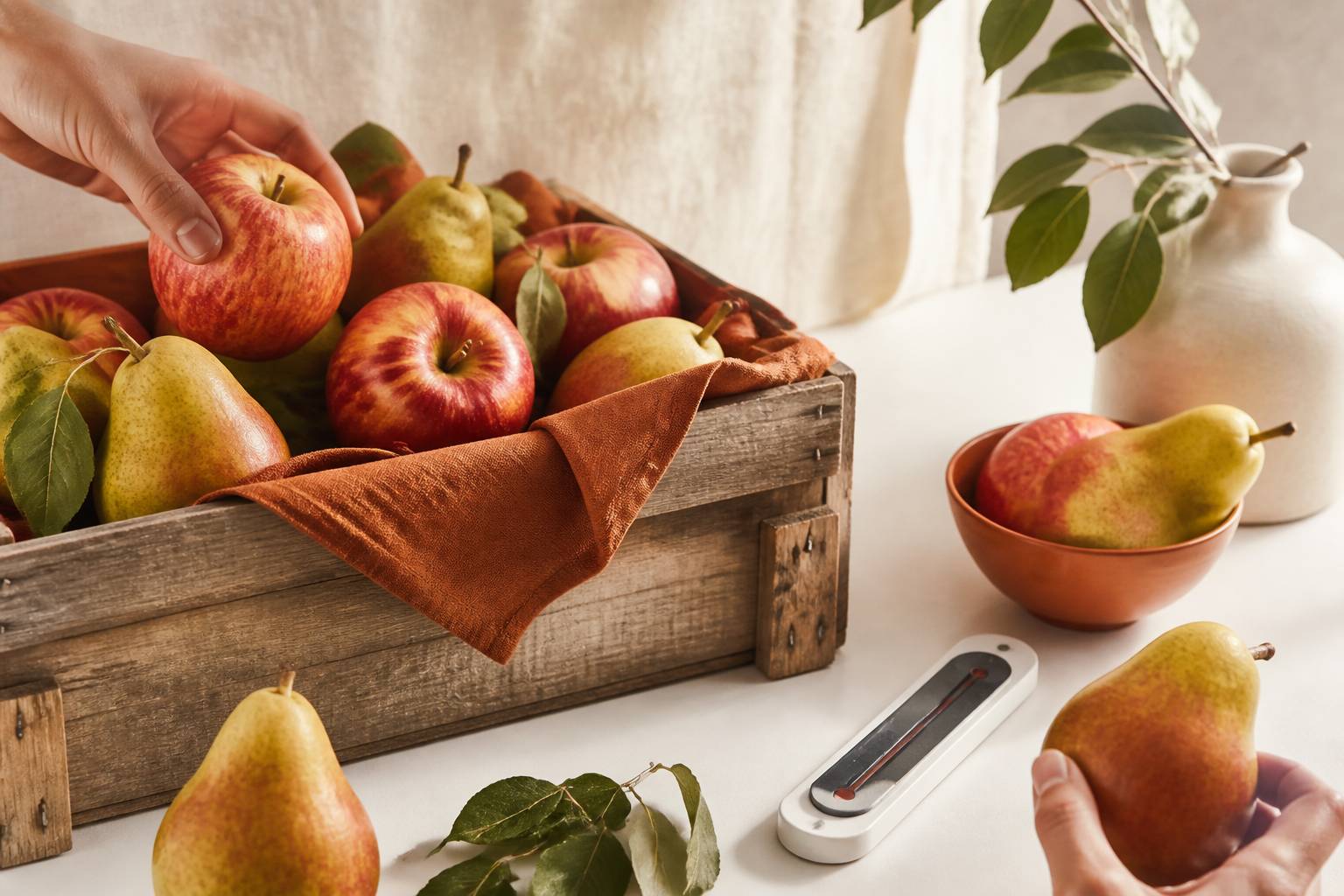 Pommes et poires dans une cagette avec un thermomètre générique