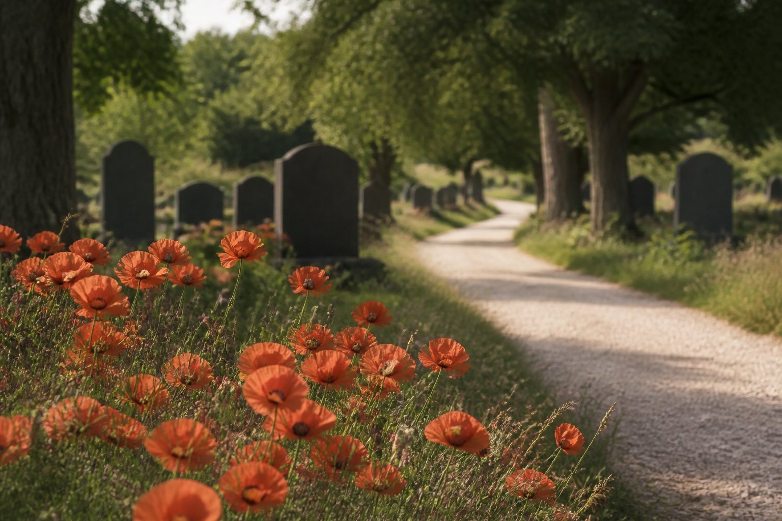 Champ de coquelicots rouges en bordure d'un cimetière de campagne avec des pierres simples en arrière-plan