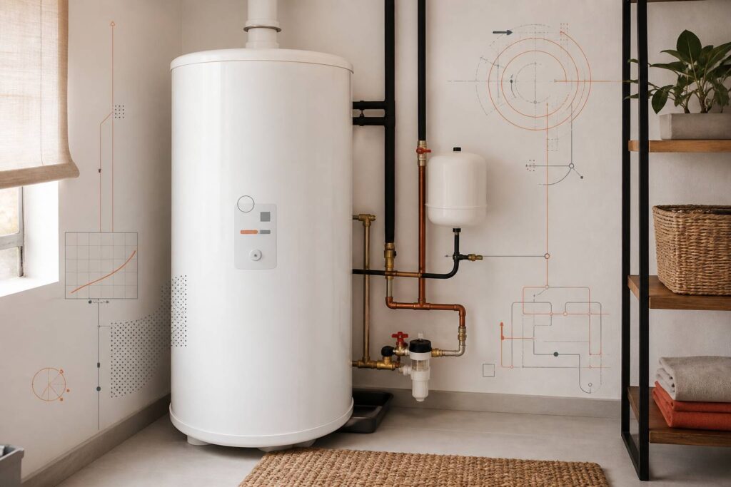 Chauffe-eau électrique blanc dans un local technique avec ses tuyaux