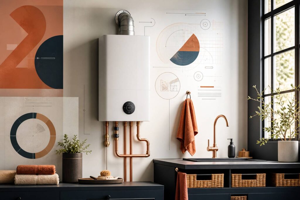 Chauffe-eau gaz instantané mural compact dans une pièce technique