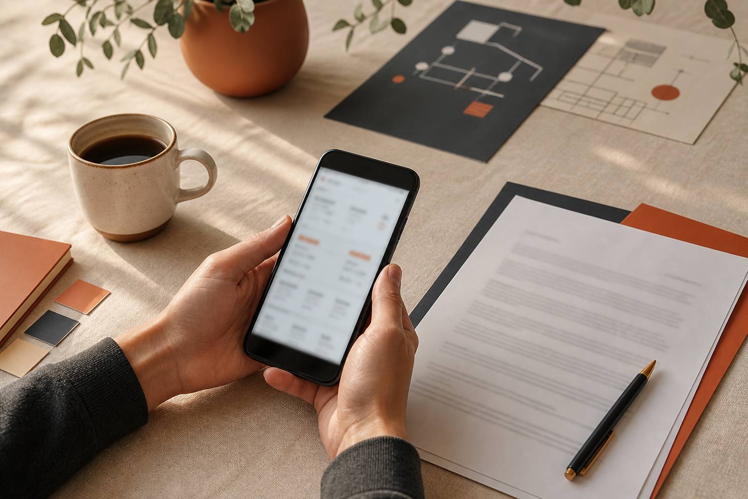 Mains tenant un smartphone sans marque près d'un contrat flou