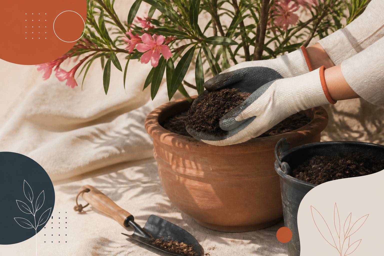 Mains gantées déposant du compost au pied d'un laurier-rose en pot