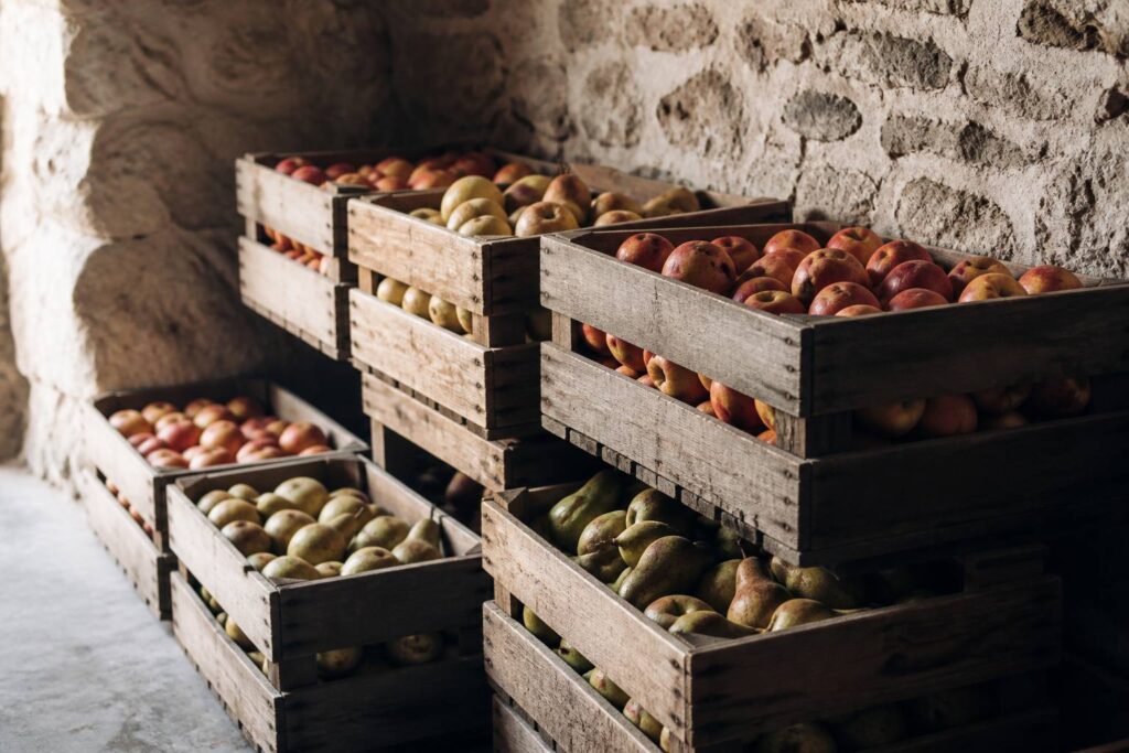 Cagettes en bois de pommes et poires rangées dans une cave fraîche