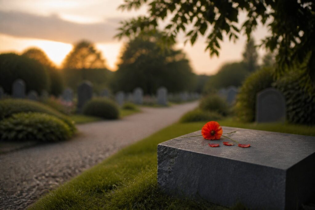 Coquelicot rouge vif posé sur une pierre tombale simple en granit dans un cimetière de campagne
