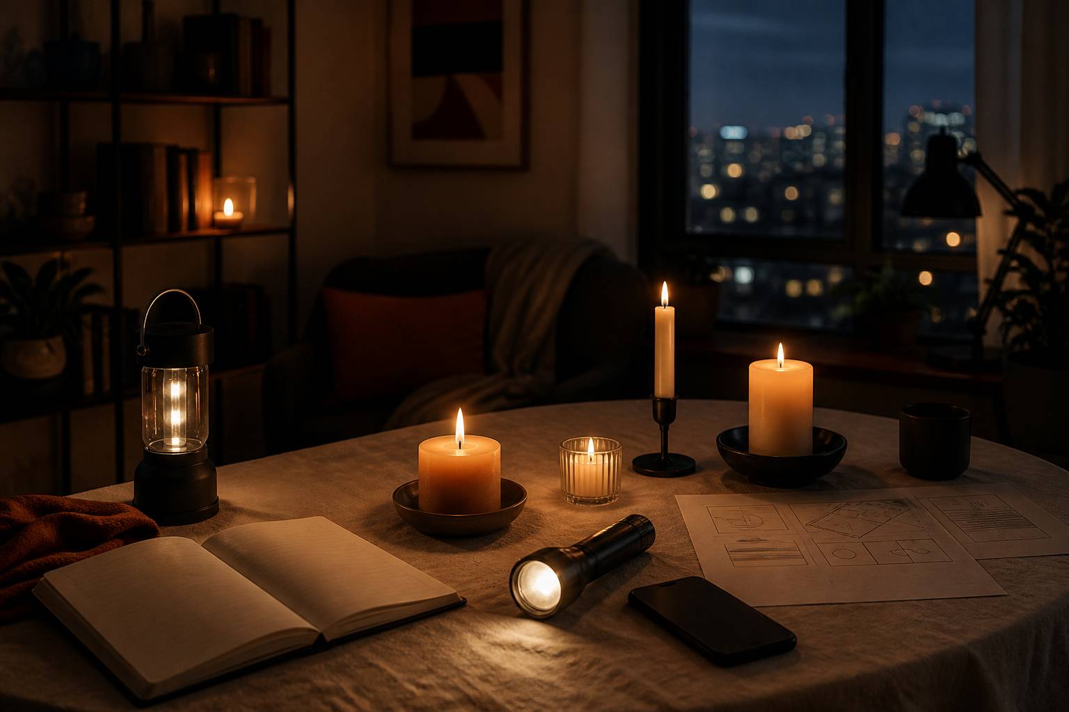 Intérieur d'appartement éclairé aux bougies en soirée