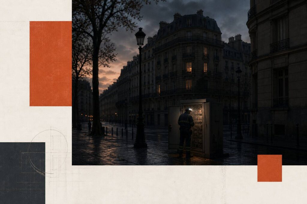 Rue parisienne au crépuscule avec lampadaires éteints