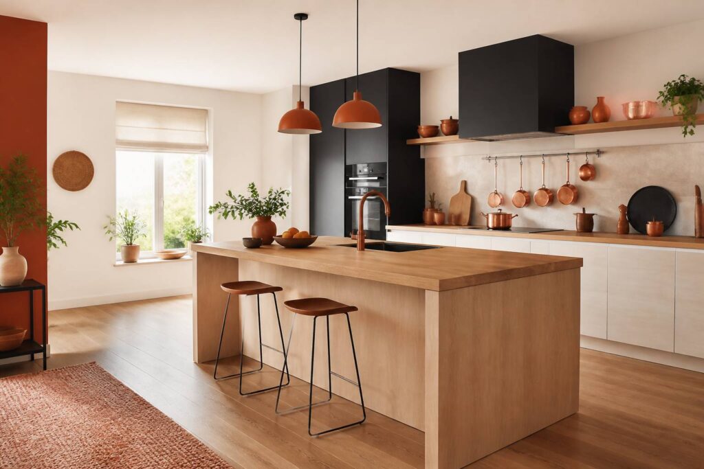Cuisine moderne avec sol en parquet bois et îlot central clair