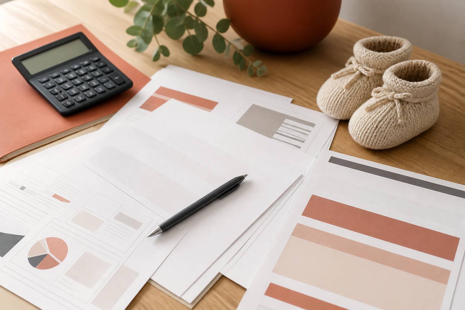 Documents vierges avec stylo, calculatrice et chaussons de bébé