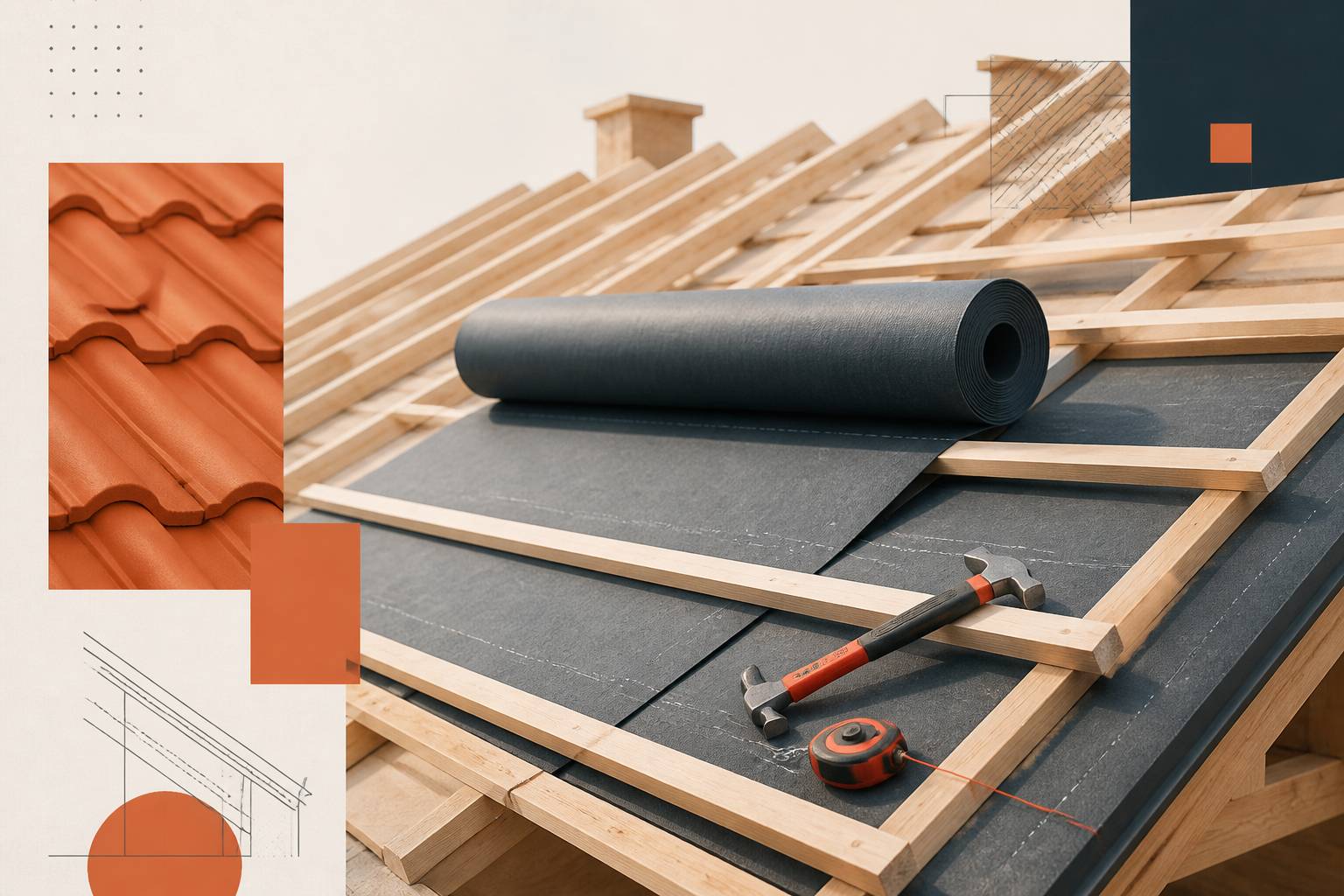 Rouleau d'écran sous-toiture, liteaux et chevrons sur un chantier de toiture en rénovation