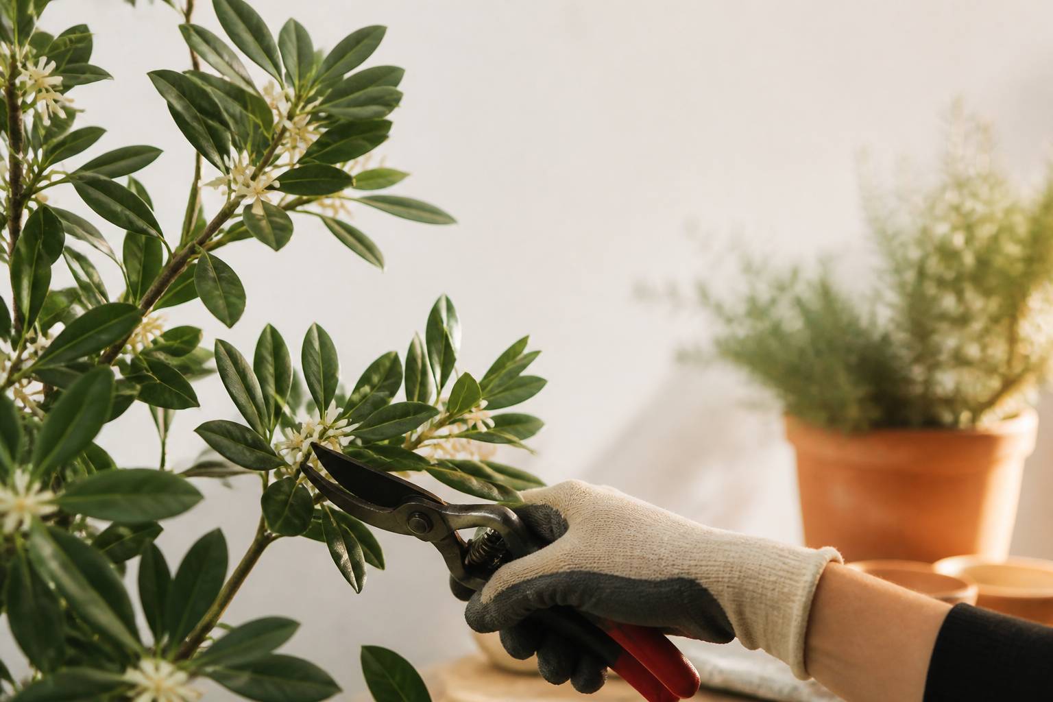 Feuilles de pittosporum avec petites fleurs crème