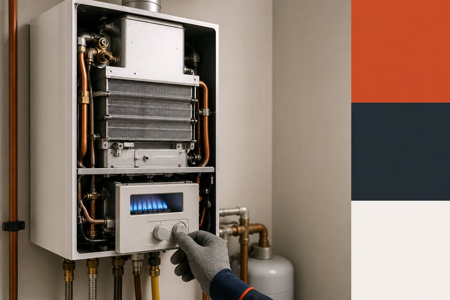 Brûleur à gaz et échangeur d'un chauffe-eau instantané en fonctionnement
