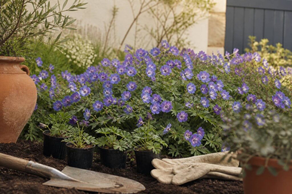 Massif de géraniums Rozanne bleus en pleine floraison dans un jardin de printemps