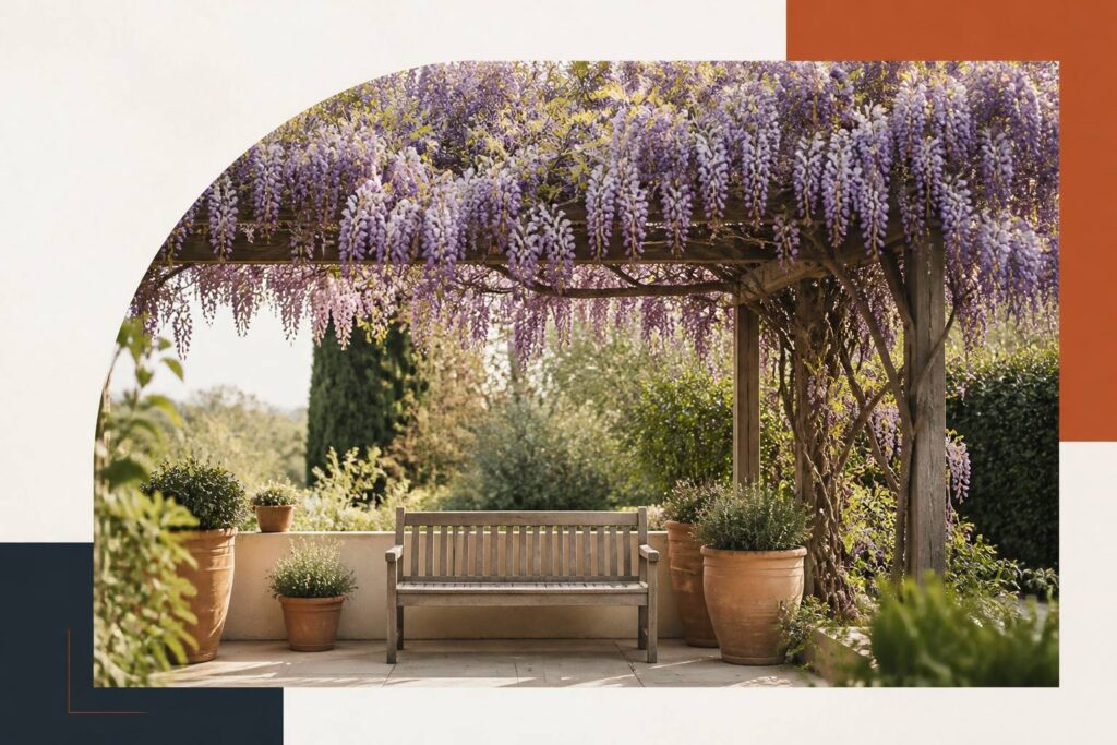 Glycine en fleurs violettes grimpant sur une pergola de jardin