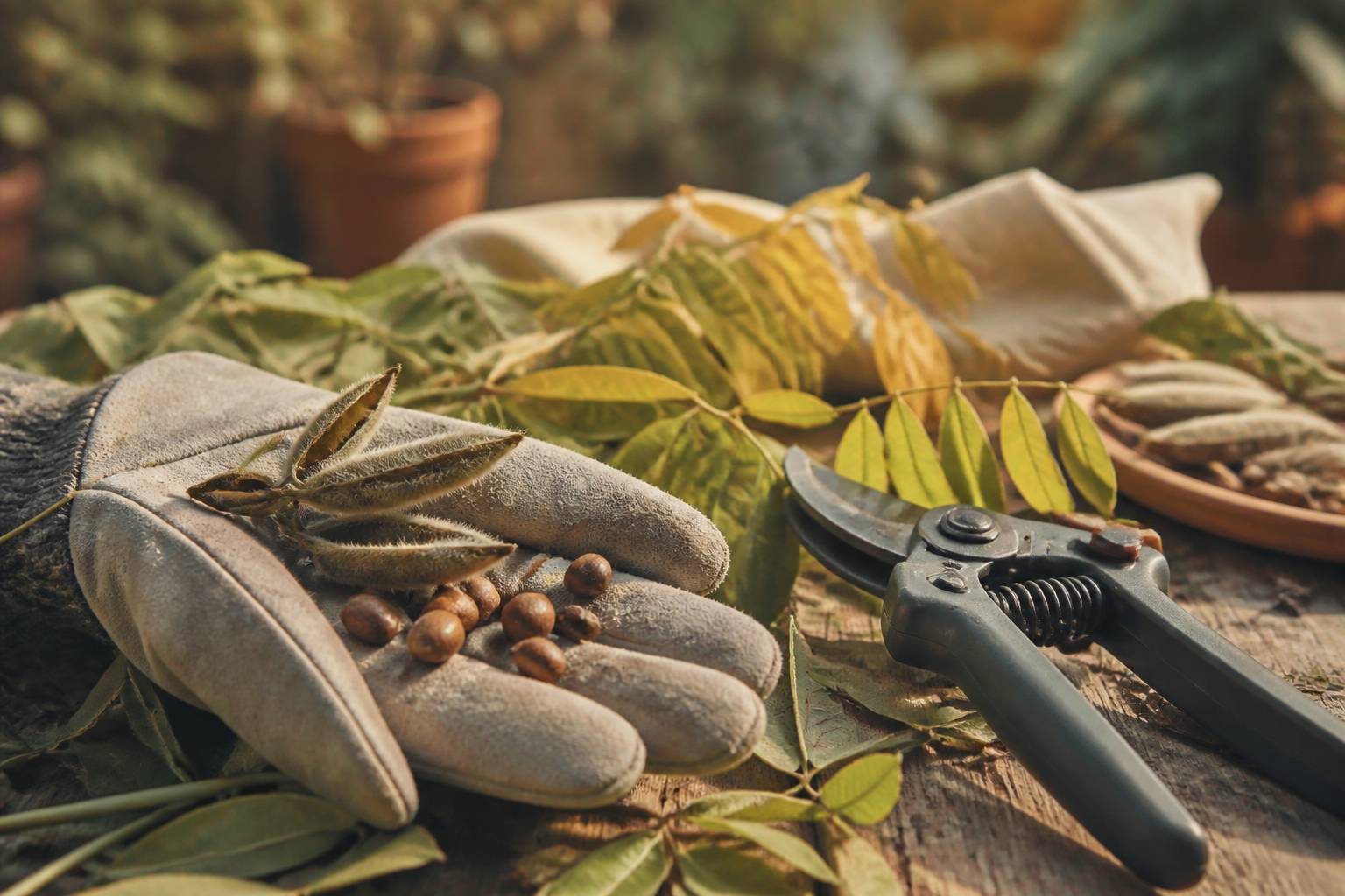 Gousses et graines de glycine dans une main gantée de jardinage