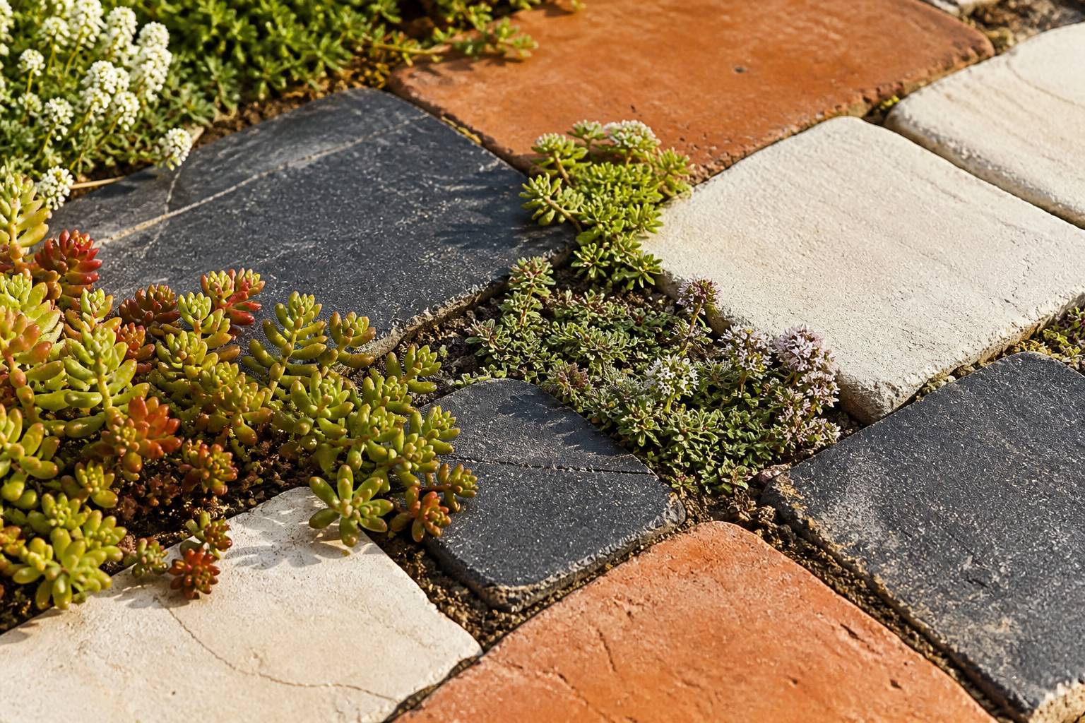 Sedums et thym rampant poussant dans les joints d'une terrasse pavée