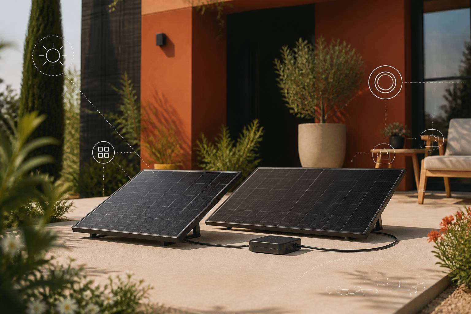 Panneaux solaires compacts posés en extérieur avec câble de connexion
