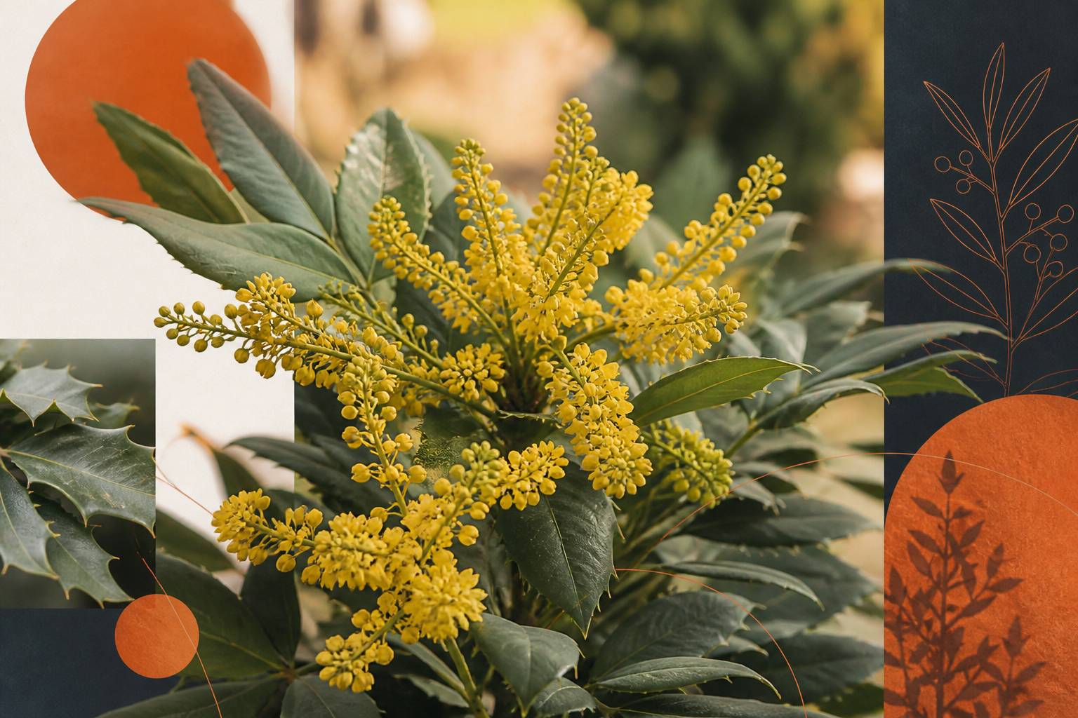 Gros plan sur les fleurs jaunes et le feuillage fin du Mahonia Eurybracteata Soft Caress
