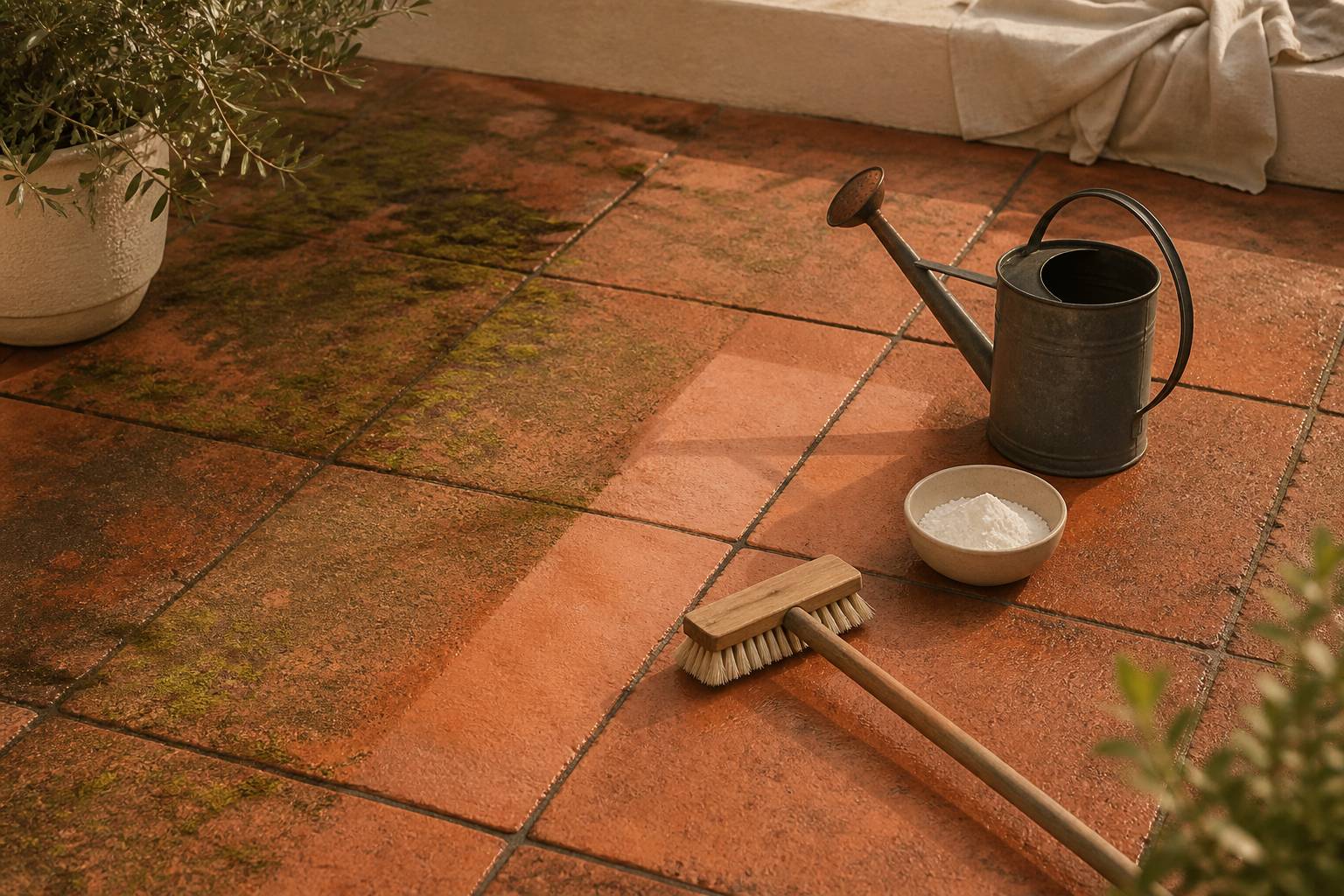 Dalles de terrasse à moitié nettoyées avec brosse et arrosoir
