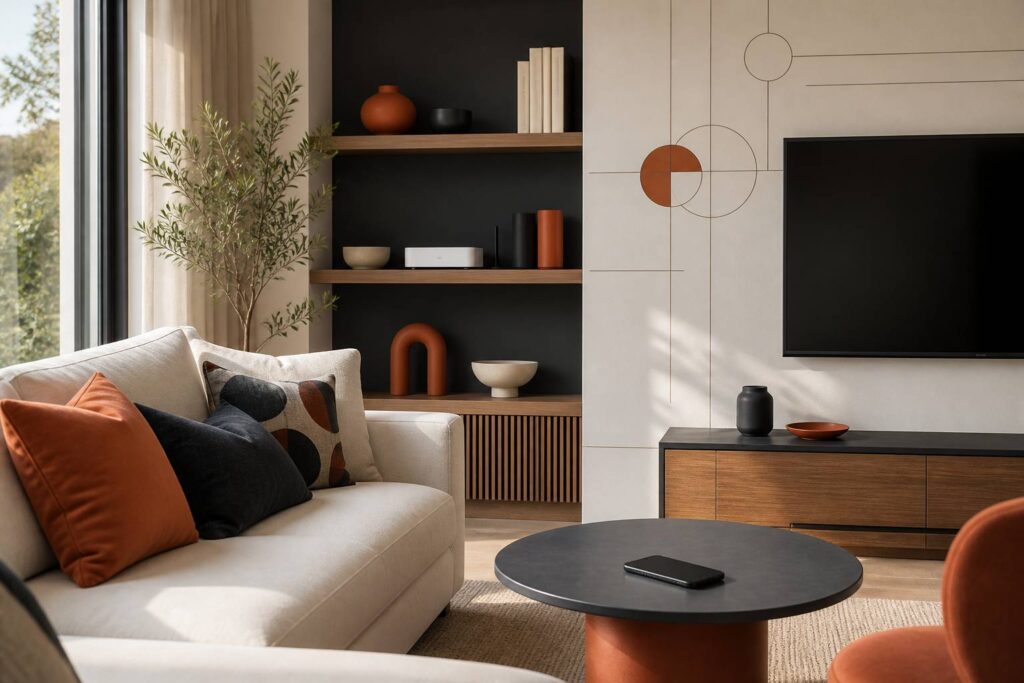 Salon moderne avec box internet sans marque et smartphone