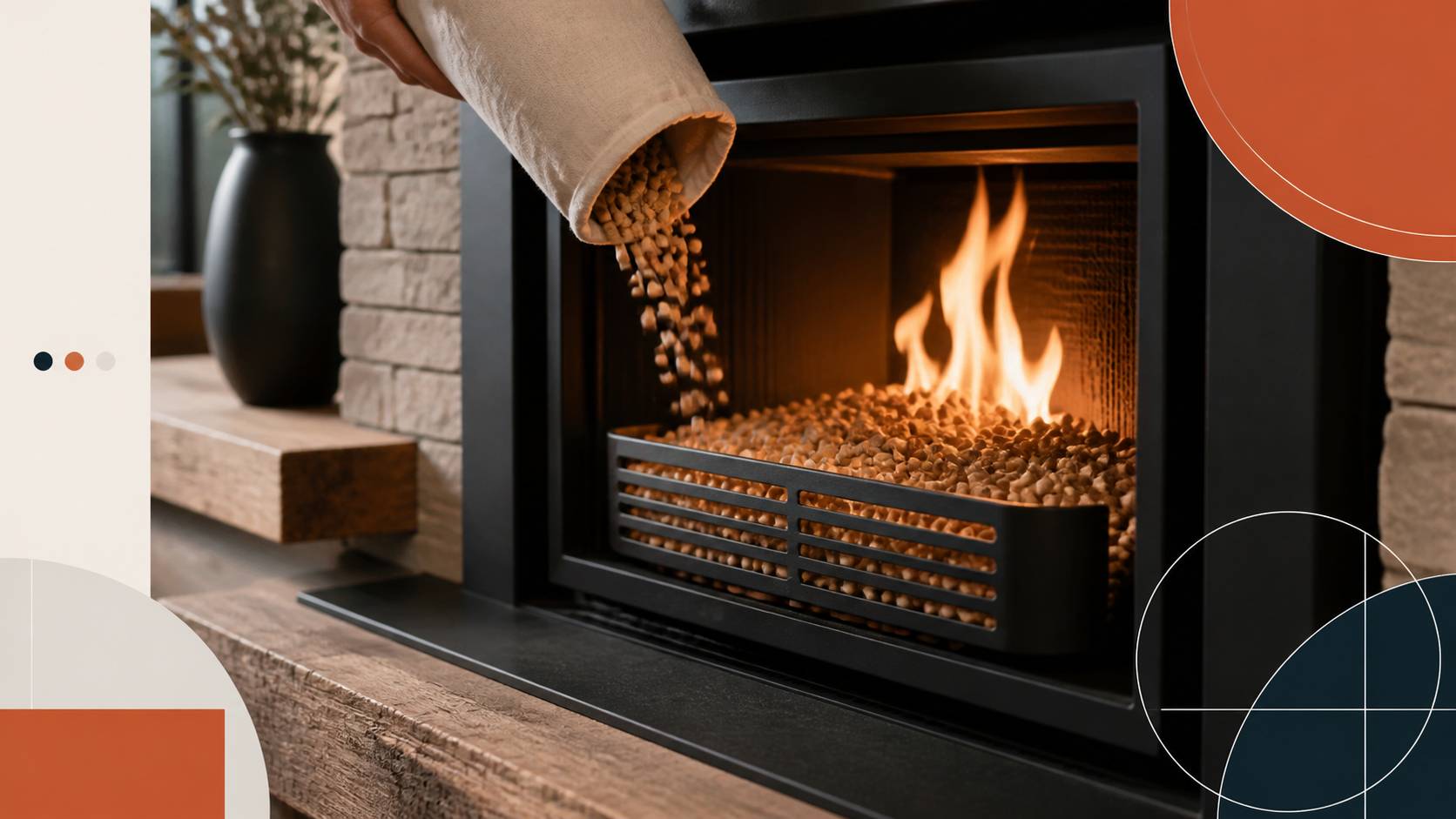Panier en acier rempli de granulés de bois brûlant avec une flamme nette dans le foyer