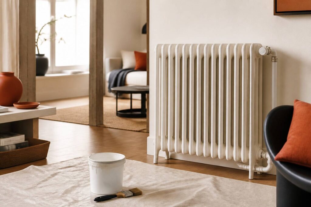 Radiateur en fonte repeint dans un salon clair avec pot de peinture et pinceau posés sur une bâche
