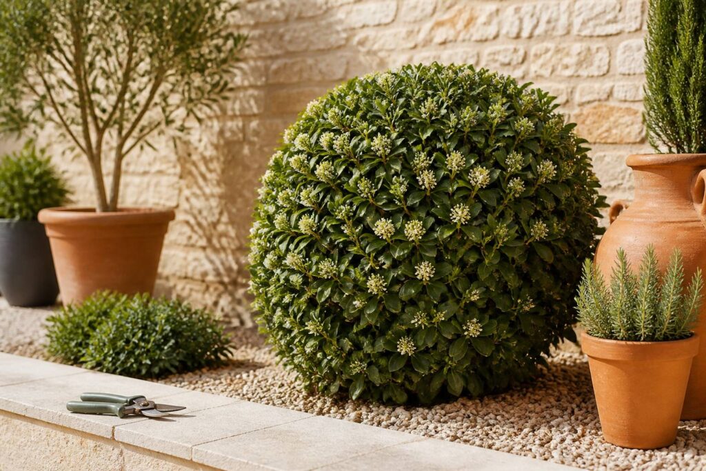 Pittosporum taillé en boule dans un jardin ensoleillé