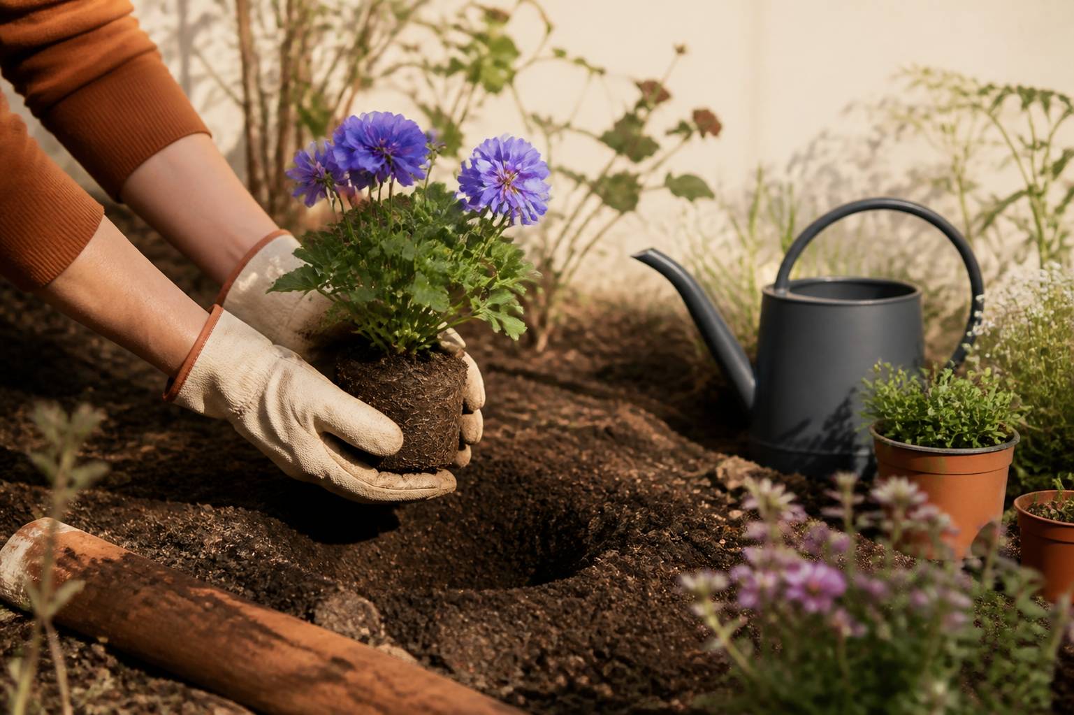 Mains gantées plantant un godet de géranium bleu dans une plate-bande