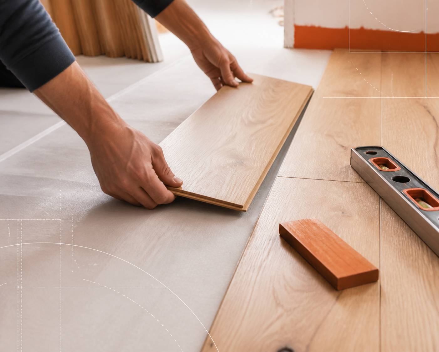 Mains posant des lames de parquet avec niveau à bulle