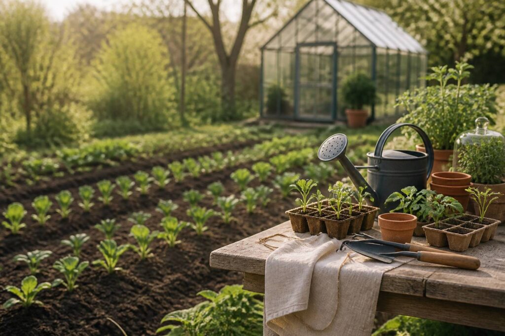 Potager de printemps avec rangées de jeunes plants et godets