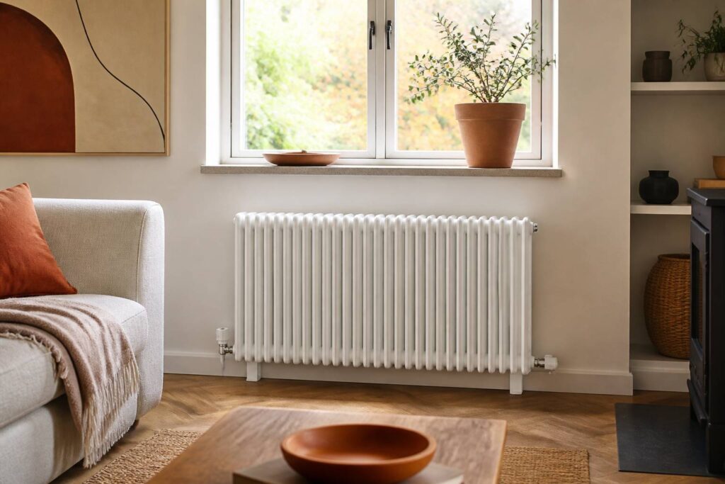 Radiateur electrique blanc installe sous une fenetre dans un salon