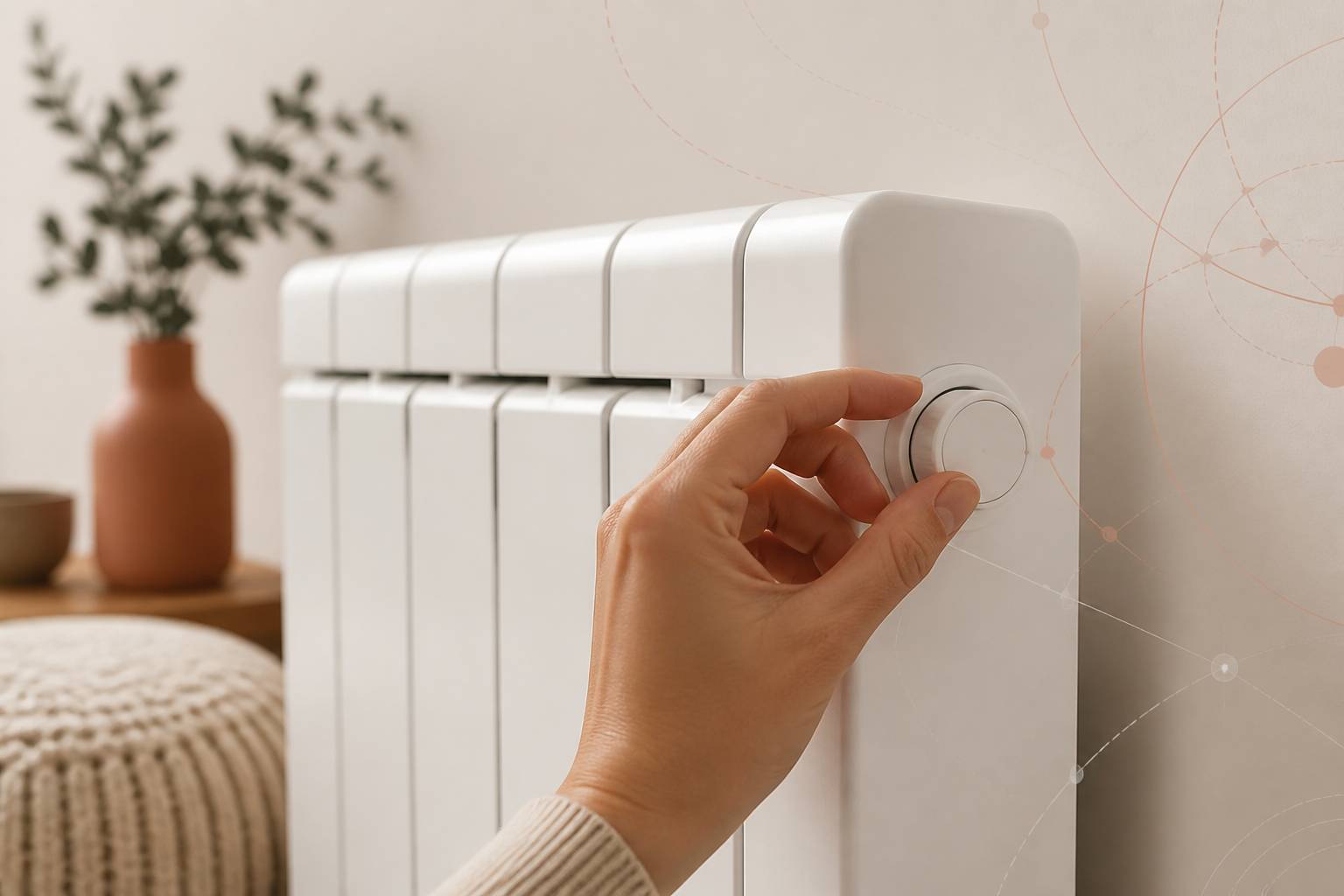 Main ajustant la molette d'un radiateur a fluide caloporteur blanc