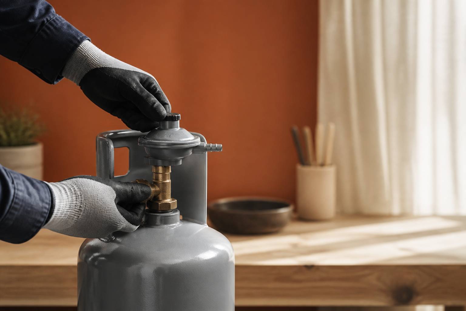 Mains gantées ajustant le détendeur d'une bouteille de gaz en sécurité