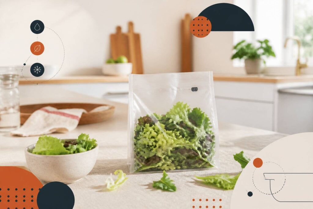Sachet de salade générique sur un plan de travail de cuisine claire