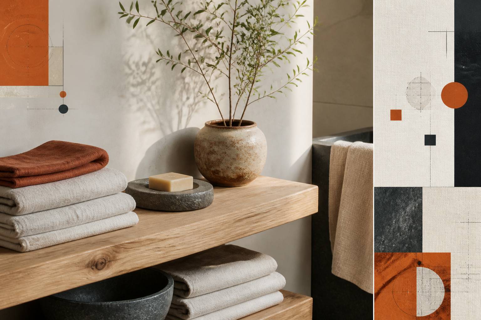 Étagère en bois avec serviettes et accessoires en pierre