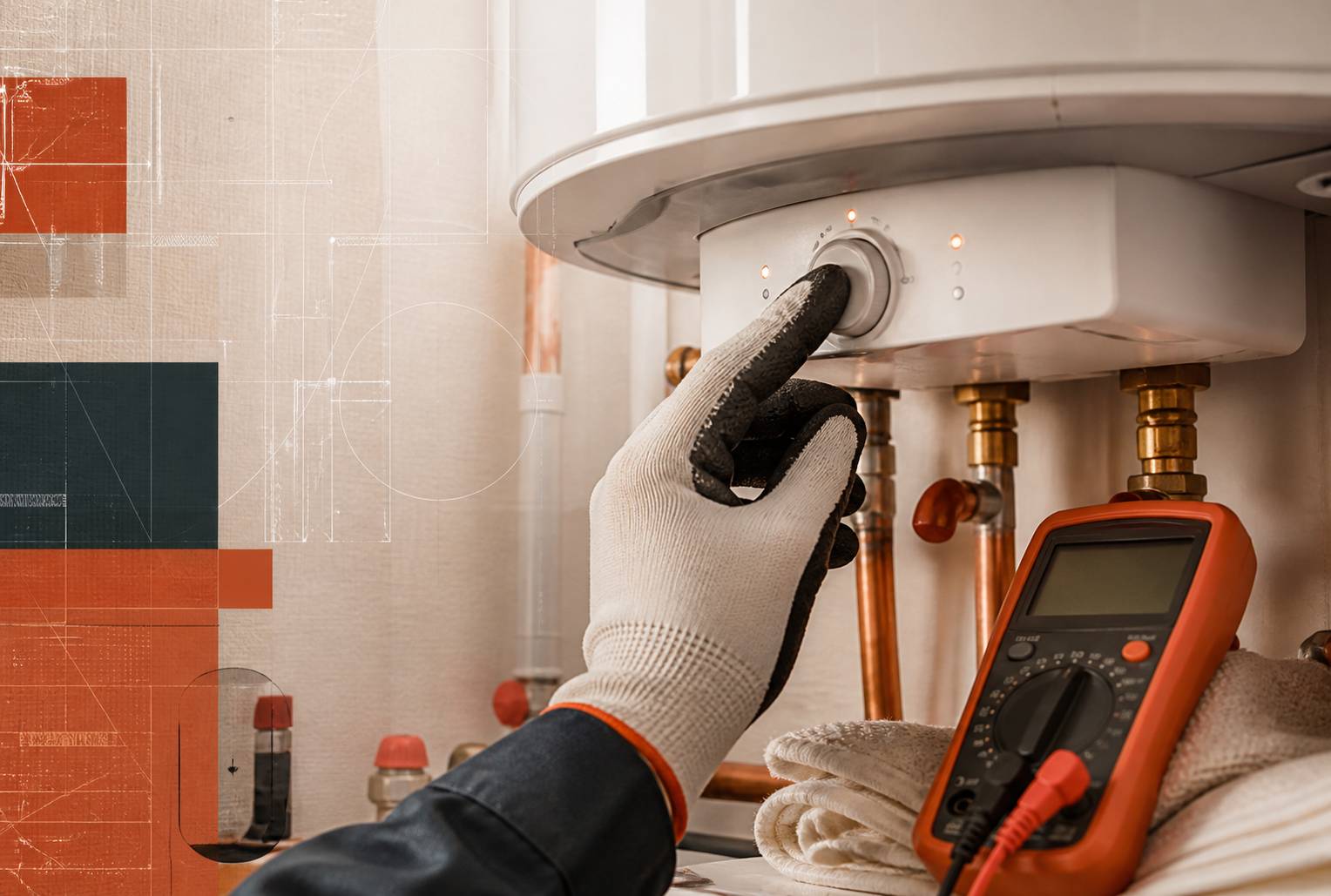 Main gantée réglant le thermostat d'un chauffe-eau avec un multimètre à côté