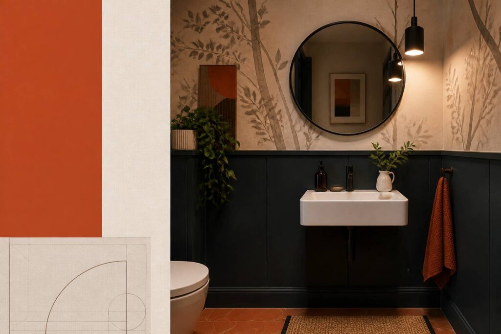 Petites toilettes modernes avec papier peint et plante verte