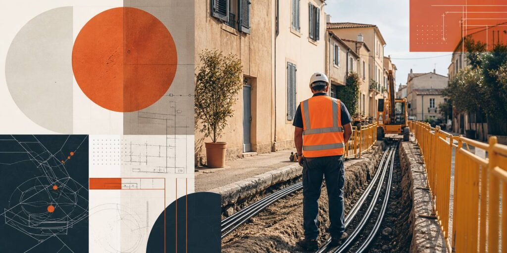 Rue urbaine en travaux avec tranchée et barrières de sécurité