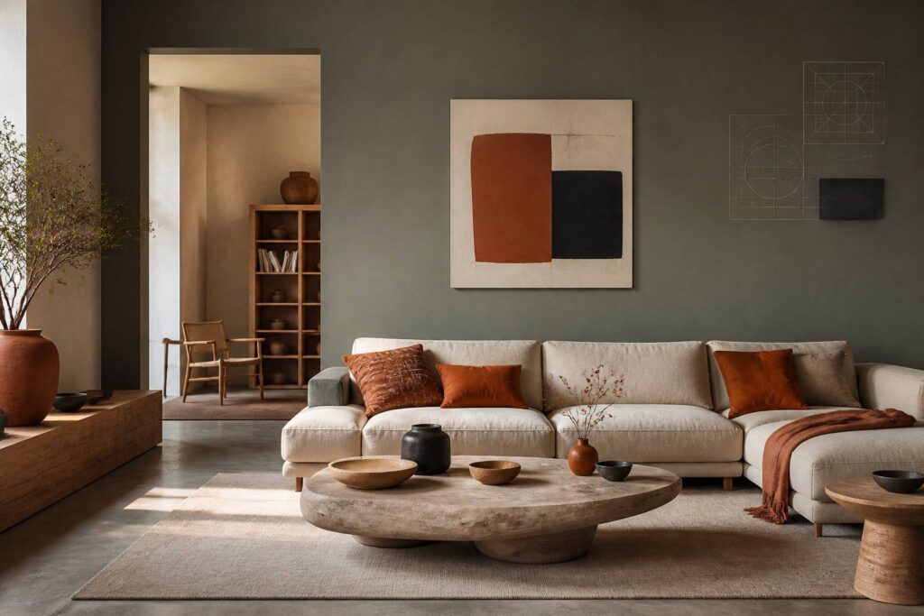 Salon élégant avec un mur vert de gris et des meubles en bois clair